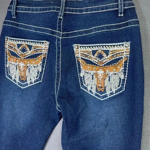 BAMBOO Denim - Bamboo Bootcut Western Embroidered Jeans Womens 7/8 Blue Denim Stretch Cute 1257